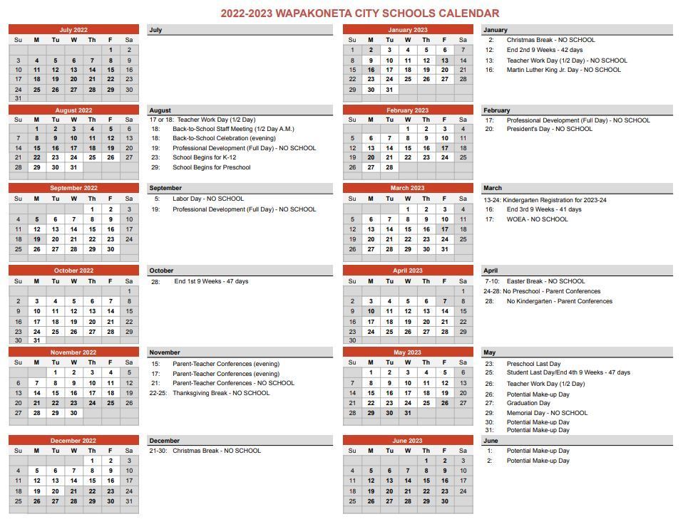 2022-2023 WCS Calendar | Cridersville Elementary