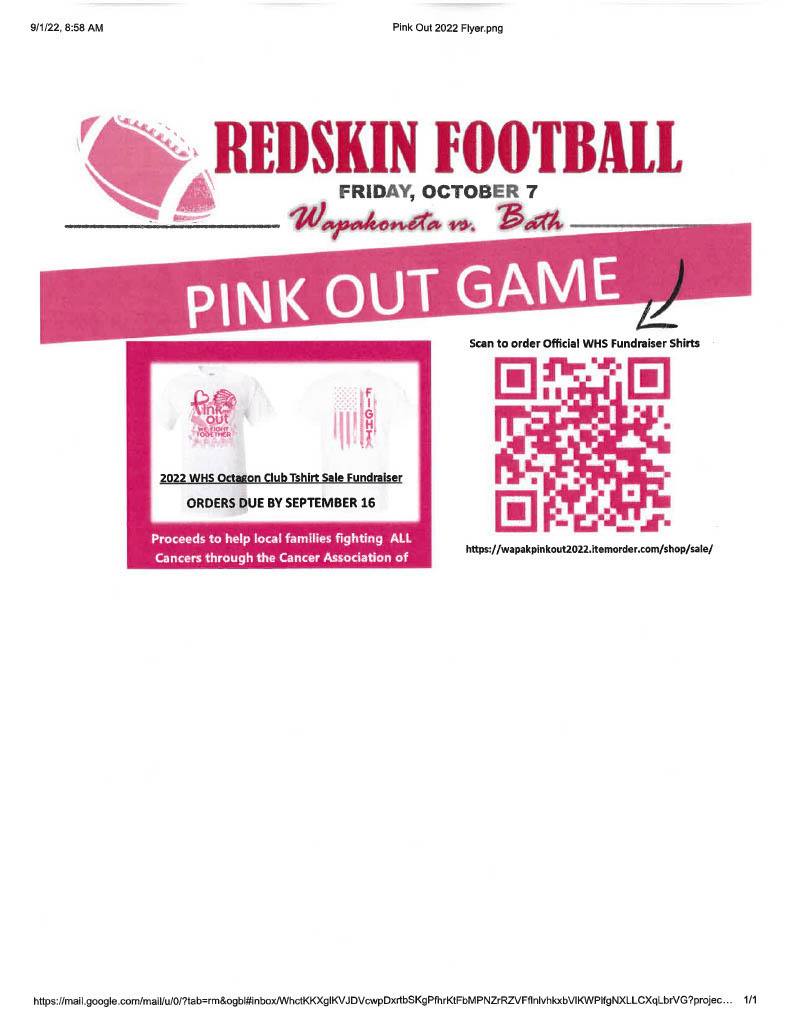 REDSKIN FOOTBALL PINK OUT GAME T-SHIRT FUNDRAISER